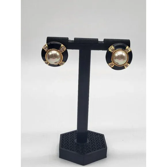 Vtg ROMAN COUTURE Black Enamel Rhinestone Cabochon Round Gold Tone Earrings - Picture 2 of 8